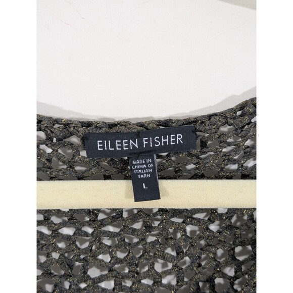 EILEEN FISHER Sweater Metallic Italian Yarn V-Neck Pullover Black Gold Holiday L - Picture 3 of 9